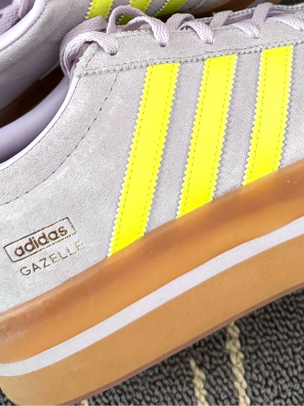 adidas Women's Gazelle Stack Lavender Suede Platform Sneakers with Neon Yellow - Picture 7 of 8